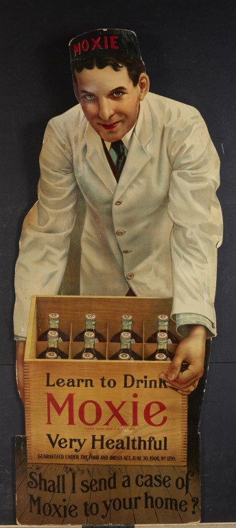 Moxie Display Sign: Lithography on board "Shall I send a case of Moxie to your home?" Fold out easel back for stand up display; 41" High