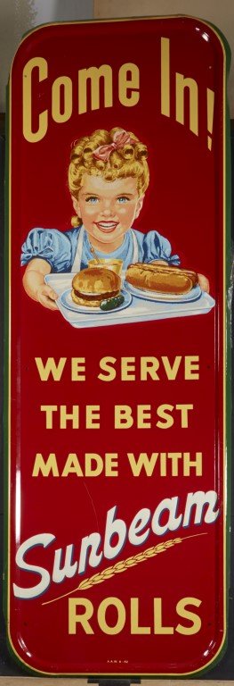 Sunbeam Rolls Advertising Sign: C 1950's. Embossed lithography on Tin. ; 51" x 18"