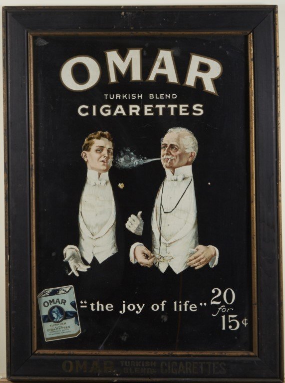 Omar Cigarettes Sign: Lithograpy on paper. Self-Framed with Advertising for the company in gilt letters.; 25" x 18"