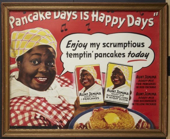 Aunt Jemima Pancakes Sign: Aunt Jemima Ready-Mix Pancake Ad. C. 1950. "Pancake Days is Happy Days". Lithography on paper. Framed. Condition: Water staining on left side.; 17 1/2" x 21 1/2"