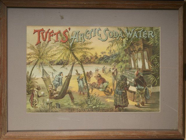 Tuft's Arctic Soda Water Sign: James W. Tufts , Boston Arctic Soda. Depicts the fountain of youth. Lithography on paper. Matted and framed.; 17 3/4" x 24 1/2"