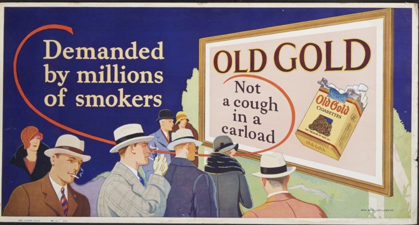 Old Gold Cigarettes Sign: Lithography on cardboard. ; 11" x 21"