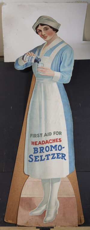 Bromo- Seltzer Die-Cut Sign: Lithography on Cardboard. Provenance: James D. Julia Auction Lot #375 Fall 2007.; 60" x 17"