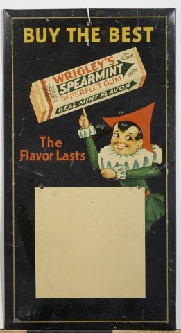 Wrigley's Spearmint Gum Sign: Lithography on tin.; 17" x 9"