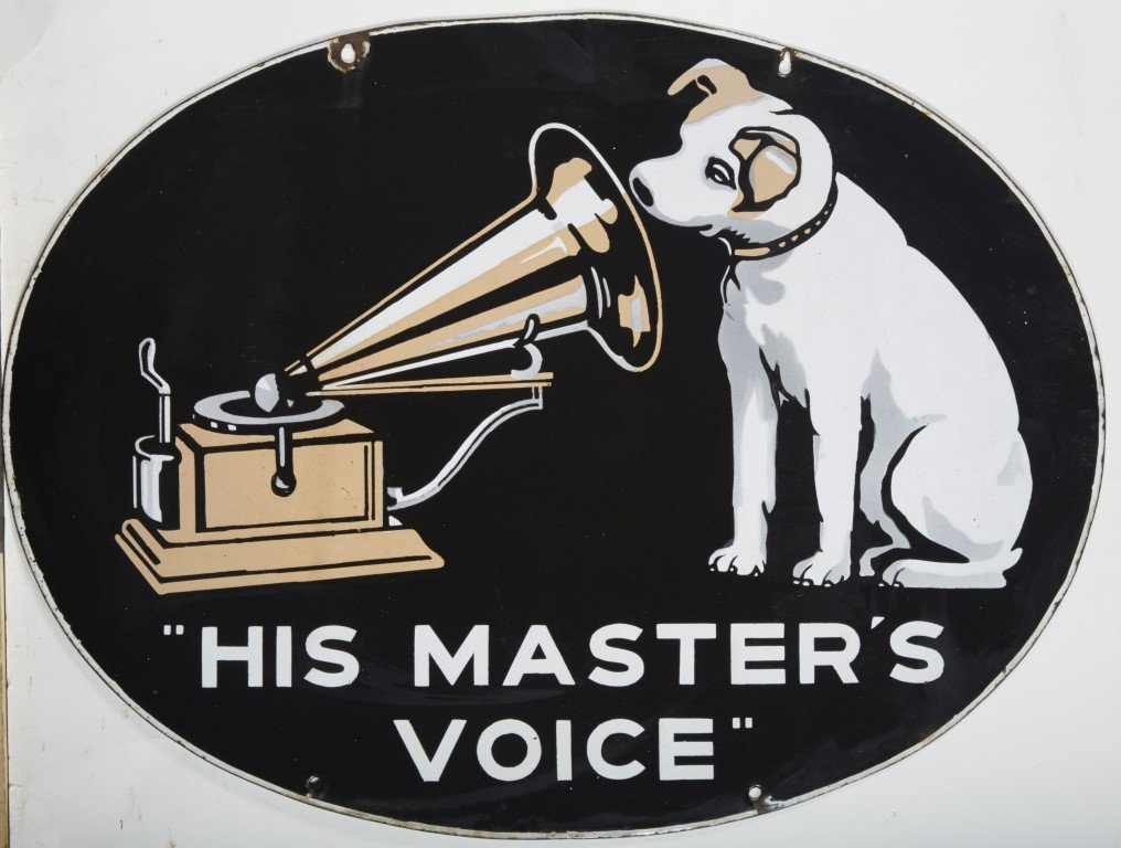 R.C.A. Victor Hanging Sign: His Master's Voice." Double sided. Enameled metal; 17 3/4 x 23 3/4