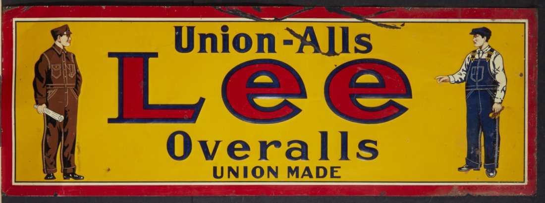 Lee Overalls Advertisement: Lithography on tin. Condition: loss of color to top border.; 7" x 19 3/4"