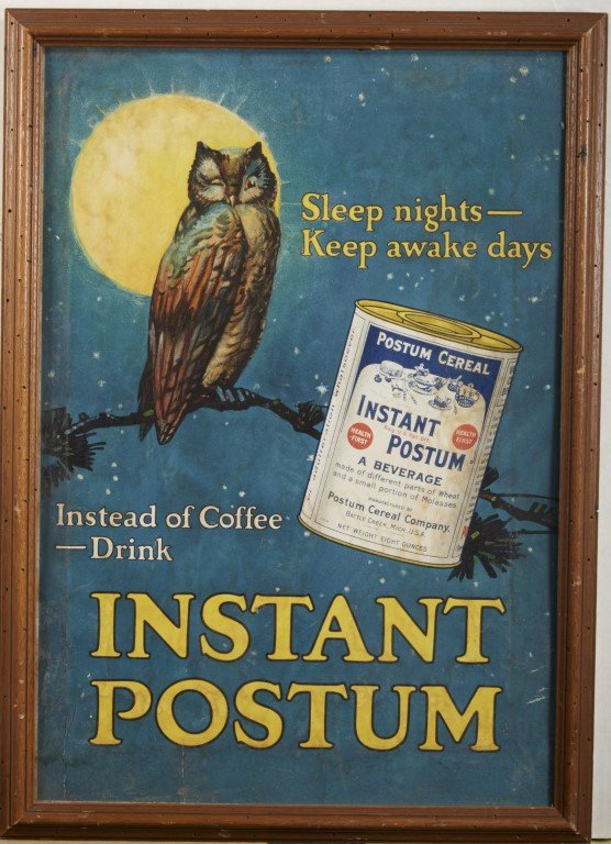 Postum Cereal Company Sign: Instant Postum. Lithography on cardboard. Framed. ; 22" x 16"