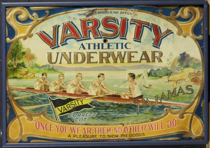 Varsity Athletic Underwear: Lithography on tin. Some discoloration; 9 3/4 x 14"