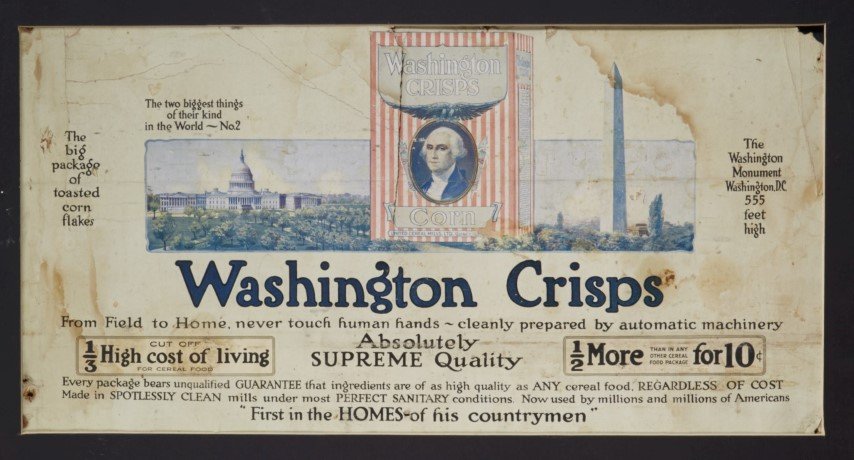 Washington Crisps Corn Ad: Lithography on cardboard. Matted. Condition: As is. ; 14 x 24"