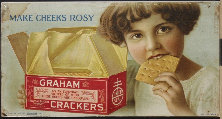 National Biscuit Company Ad: Graham Crackers" Lithography on cardboard. Condition: Water staining top left corner.; 11 x 21