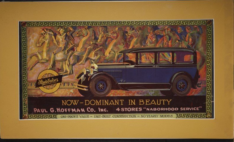 Studebaker Manufacturing Sign: By Roy Grossman. Lithography on cardboard. ; 14 1/4 x 24 1/4"