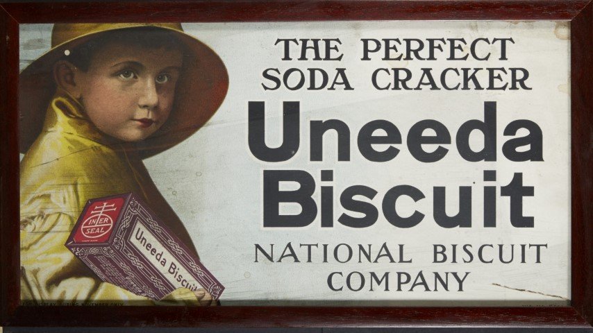 National Biscuit Company Ad: Uneeda Biscuit" Lithography on cardboard. Framed. Condition: Minimal water staining ; 12" x 22