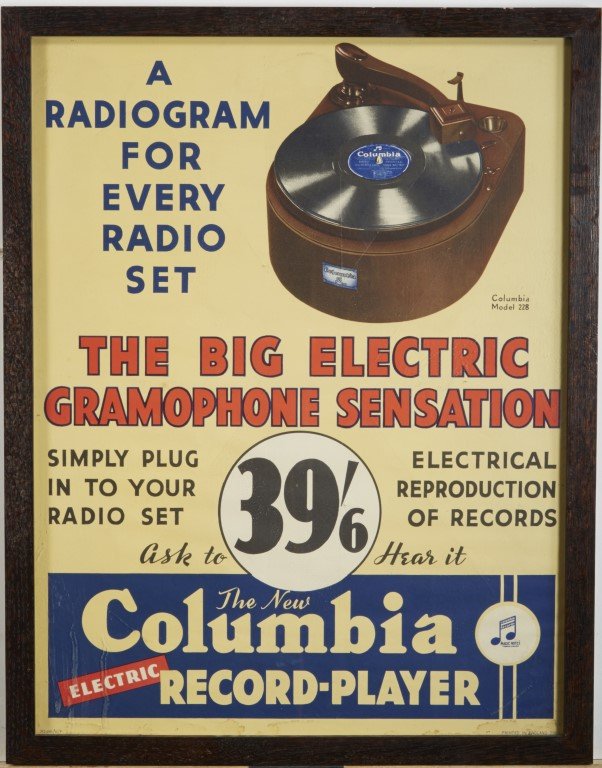Columbia Records Advertisement: Columbia Electric Record- Player" Printed In England. Lithography on paper. Framed ; 20 1/4" x 15 1/2