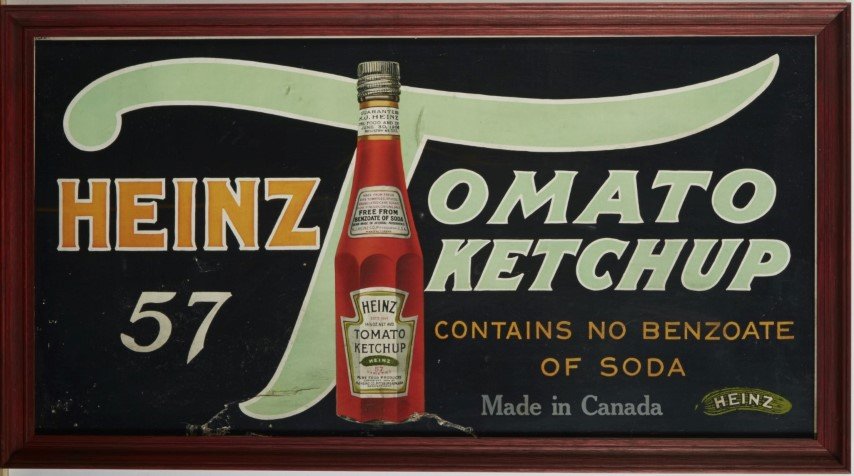 Heinz Tomato Ketchup Sign: Lithography on Cardboard. Slight tears at the bottom. Framed ; 12" x 22"