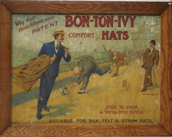 Bon-Ton-Ivy Hats Advertisement: Lithography on cardboard. Framed. Condition: Some punctures. ; 16 1/2 x 21 1/4"