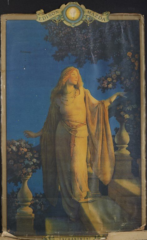 Maxfield Parrish. Edison Mazda Ad: Edison Mazda advertisement. Features a figure of Enchantment by Maxfield Parrish. Some paper loss along bottom.; 31 1/2 x 19 1/4"