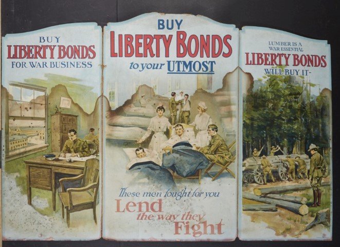 Liberty Bonds Triptych: Lithography on cardboard. Condition:staining. ; 26 1/2 x 39"