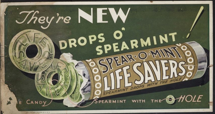 Spear-O-Mint Lifesavers Ad: Lithography on cardboard. Condition: Paper loss on left edges. 3" tear on right side.; 11" x 21"