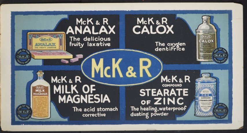Remedies Advertising Sign: Features Analax, Calox, Milk of Magnesia & Stearate of Zinc. Lithography on cardboard. Mc K & R Co. ; 11" x 21"