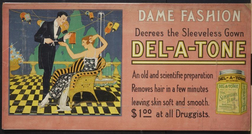 Del-A-Tone Hair Remover Ad: Lithography on cardboard.; 11" x 21"