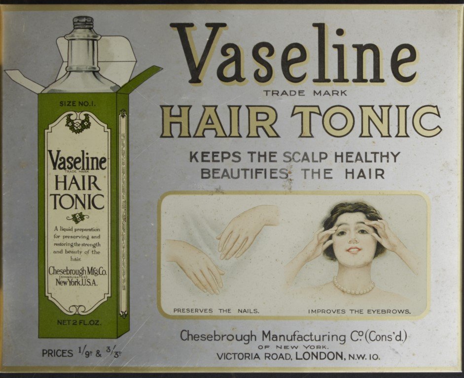 Vaseline Hair Tonic Sign: Hancock, Corfield & Walter Ltd. Mitcham. London. Lithography on metal backs with cardboard; 7 1/2" x 9 1/4"
