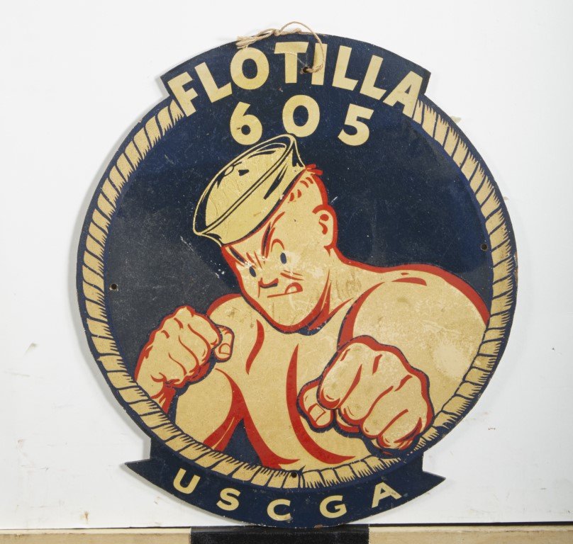 Flotilla 605 Round Hanging Sign: USCGA. Inscribed "Painted by Bud Fisher 1943" to verso. Lithography on wood after a painting by Bud Fisher; 13" round