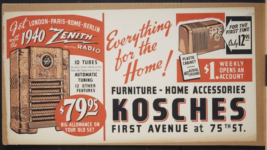 New York Home Store Sign: Kosches. New York Furniture & Home Store. Lithography on paper.; 11" x 21"