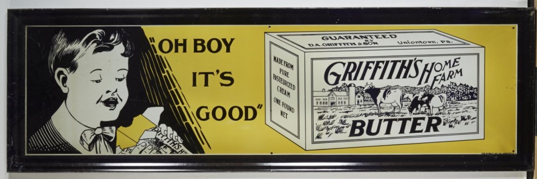 Griffith's Butter Advertisement: The Novelty Adv. Co. Coshocton O., Lithography on tin.; 11" x 34 3/4"