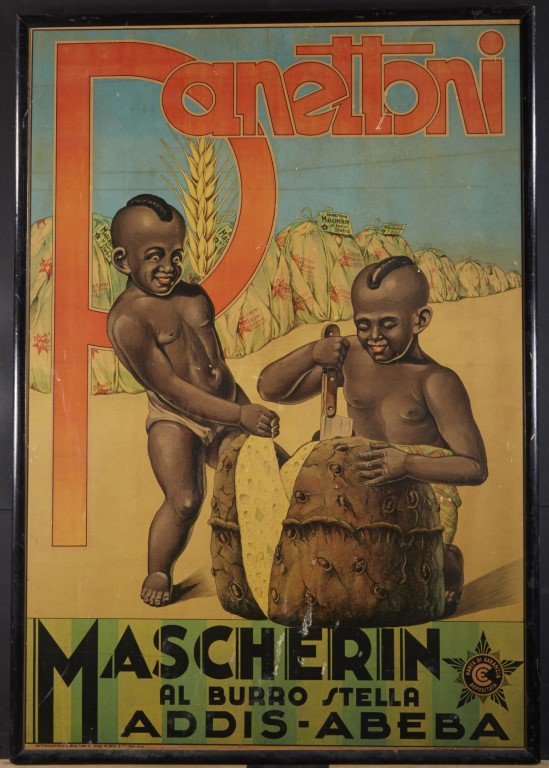 Panettoni Advertising Poster: Mascherin Al Burro Stella Addis-Abeba" Lithography on masonite. 1939; 40 1/2" x 28