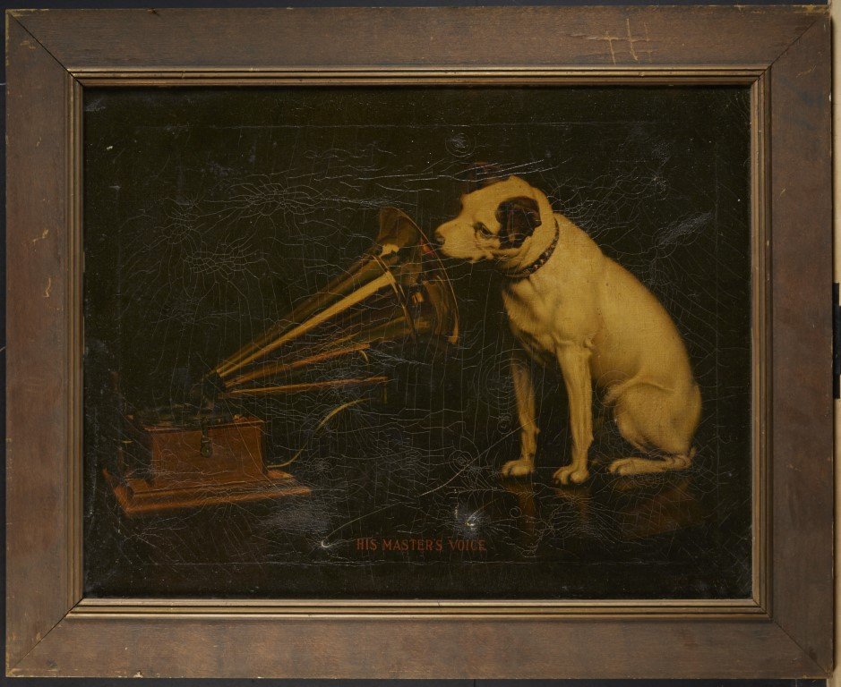 Victrola Phonograph Advertisement: His Master's Voice. Lithography on canvas. Condition: Craqulure. ; 19 1/4" x 25