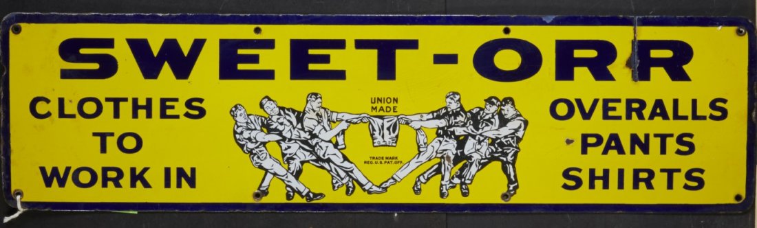 Sweet-Orr Advertisement: Enamel on metal. Condition: Some rusting on edges.; 7 3/4" x 29 1/2"