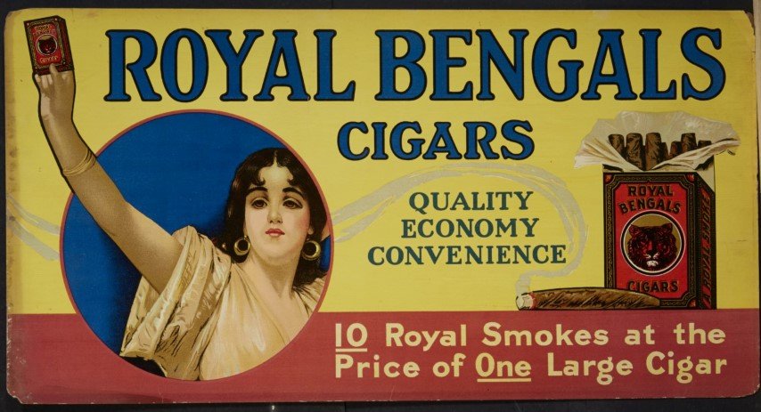 Royal Bengals Cigars Advertisement: Lithography on cardboard. Condition: Staining to left edge.; 11" x 21"