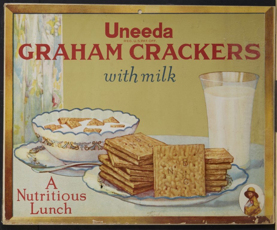 Uneeda Graham Crackers Advertisement: A Nutritious Lunch." Lithography on cardboard.; 10 3/4" x 13 1/2