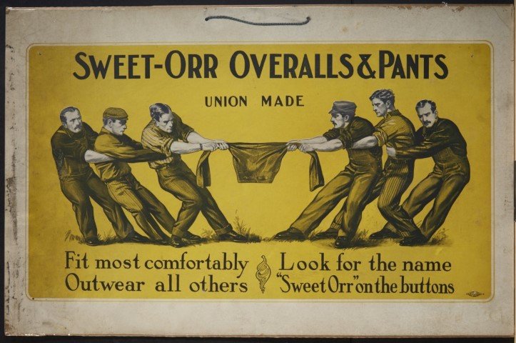 Sweet-Orr Overalls & Pants Sign: Lithography on cardboard.; 14" x 22"