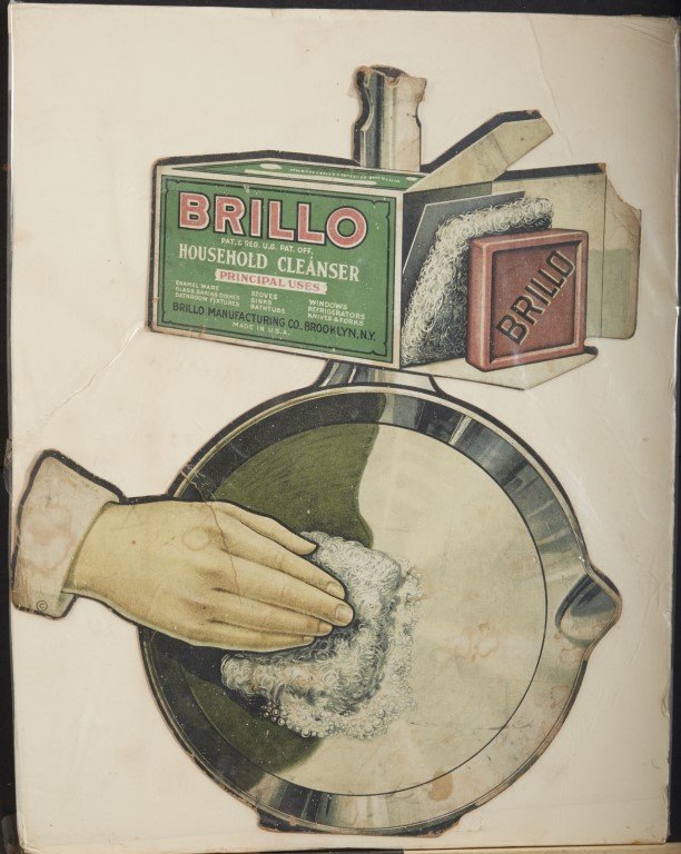 Brillo Advertisement: Lithography on cardboard. Condition: 2 1/2" tear to left. Some staining.; 13 1/2" x 10 3/4"
