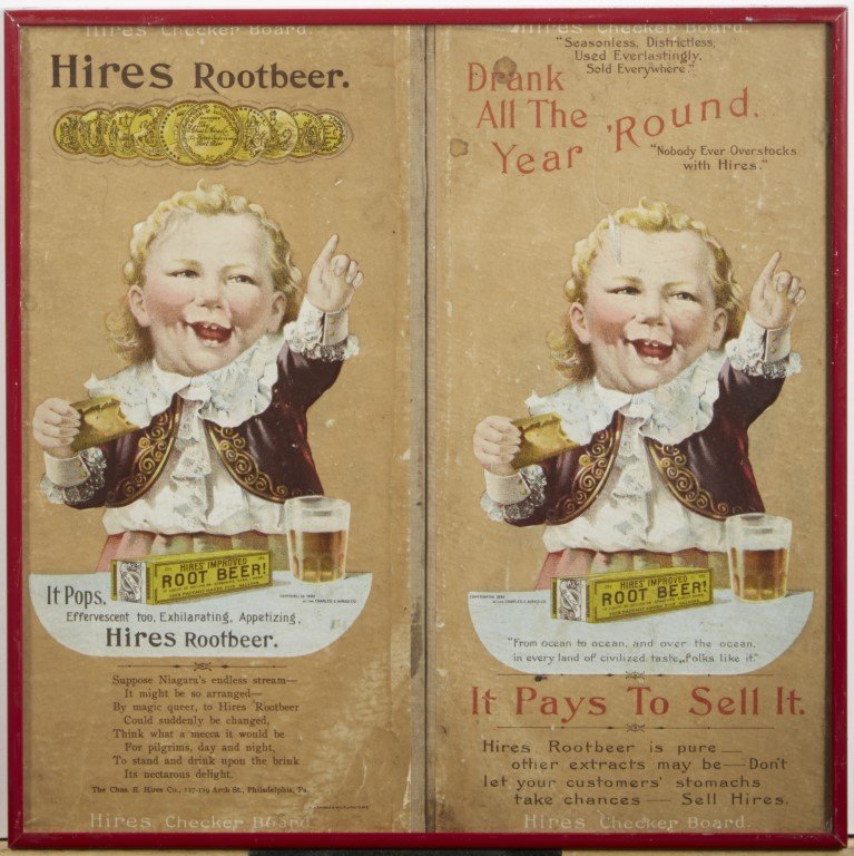 Hires Root Beer Advertisement: H.A. Thomas & Wylie Litho Co. NY. Lithography on paper mounted to checkerboard. Condition: Large scratch to child's head.; 12 1/2" sq.