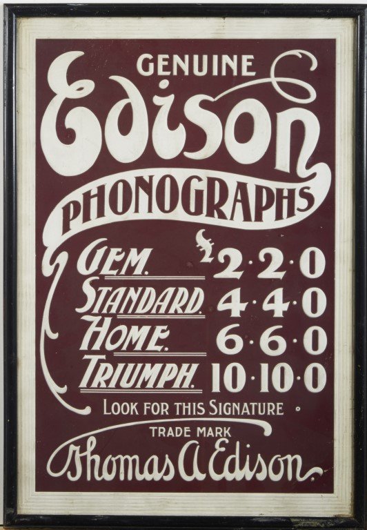 Edison Phonographs Advertisement: Embossed lithography on cardboard.; 18" x 12"