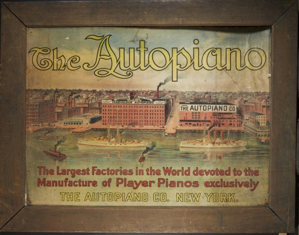 The Autopiano Co. Advertisement: The Autopiano Co. New York. Lithography on board. Tear. Scratches. Minor paper loss; 28" x 37"