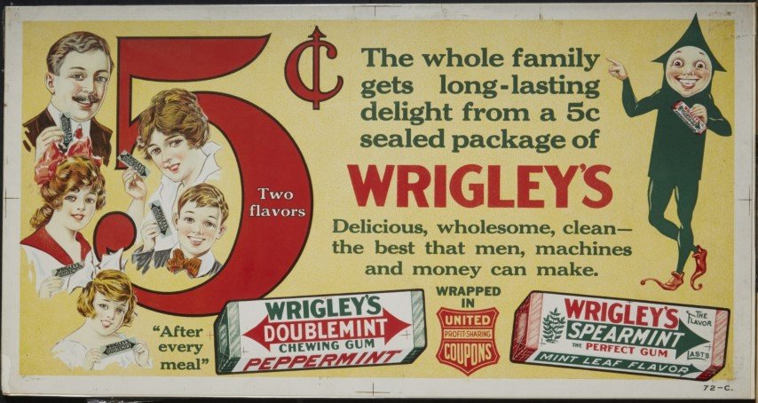Wrigley's Gum Advertisements (2): Features Spearmint and Doublemint. "Chew it after every meal" Lithography on paper. Numbered 74-C & 72 C.; 11" x 21"