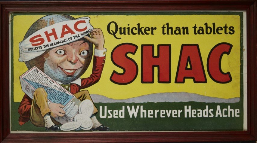 Shac Advertisement: Headache wafers. "Used wherever heads ache" Lithography on paper.; 10 1/4" x 20 1/2"