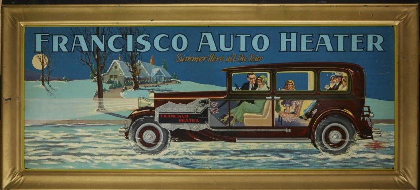 Francisco Auto Heater: Summer Here All the Year"Lithography on Tin. British. ; 18" x 40