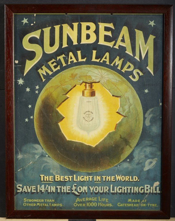 SunBeam Metal Lamp Advertisement: Made at Gateshead-on-Tyne. British, Lithography on paper. Condition: wear.; 18" x 13 3/4"