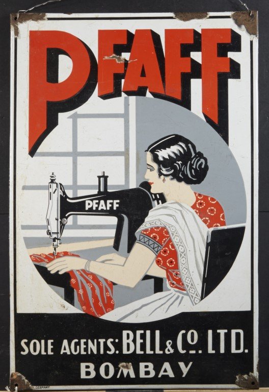 Pfaff Sewing Machine Sign: Sole Agents: Bell & Co. Ltd. Bombay. Enamel on metal. Some missing enamel.Made in Germany; 28 3/4" x 18 1/2"