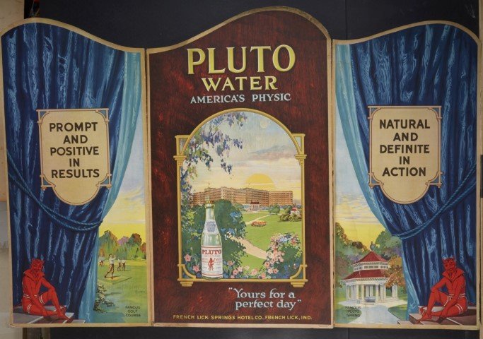 Pluto Spring Water Triptych: Pluto Concentrated Spring Water Advertisement. French Lick Springs Hotel, French Lick IND. Panels are not connected. Lithography on cardboard. Provenance: James D. Julia Auction.; 32 3/4" x 48 3/4"