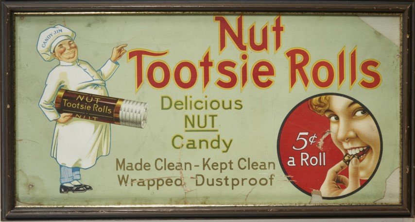 Nut Tootsie Rolls Advertisement: Lithography on paper. Condition: Some staining, small tears and missing paper. ; 10" x 20 1/2"