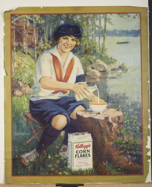 Kellogg's Corn Flakes Poster: Featuring a Camp Fire Girl. Litho in USA by USPTG & Litho Co. Lithography on paper.; 28" x 23"