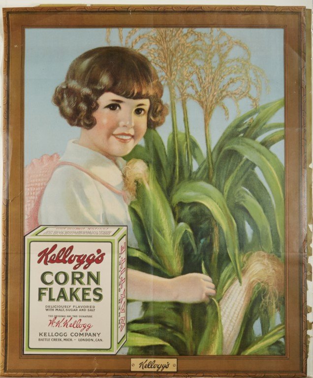 Kellogg's Corn Flakes Poster: Featuring girl with corn stalks. Lithography on paper. Printed in USA.; 28" x 23"