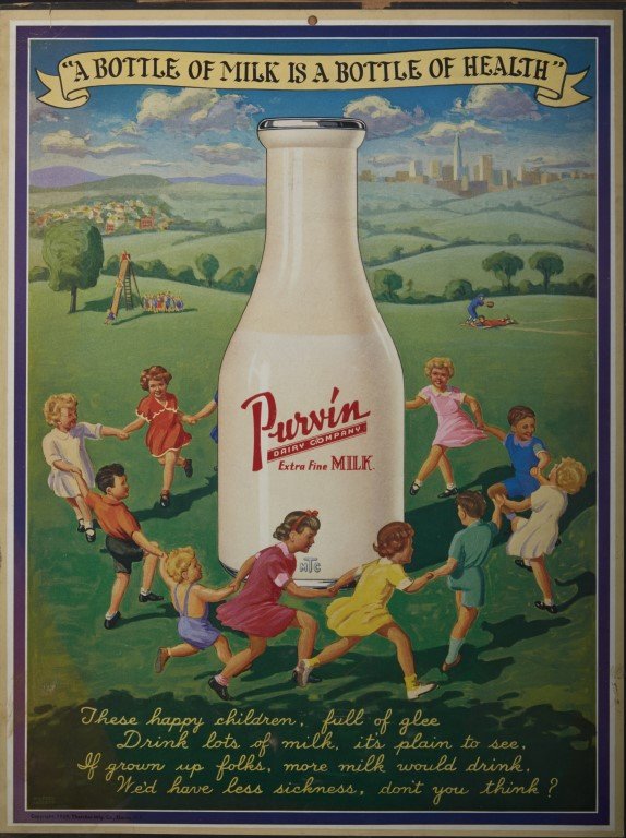 Purvin Dairy Company Advertisement: A Bottle of Milk is a Bottle of Health" 1939. Signed by Wilfred Addison. Elmira, NY. Lithography on paper.; 18" x 13