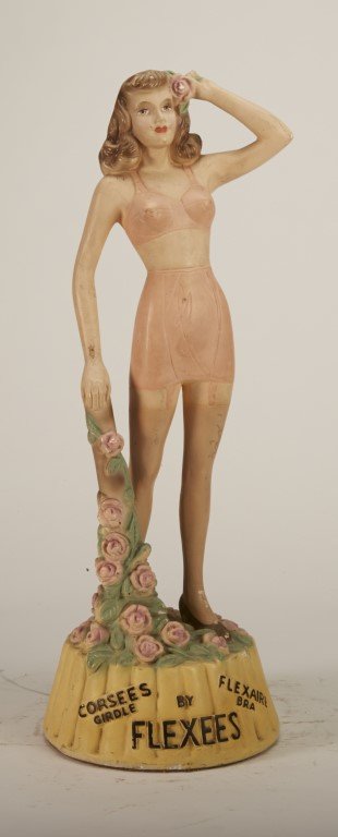 Flexees Female Figurine: Corsees Girdle & Flexaire Bra" Female in girdle & bra. Plaster. Slight chipping. ; 17 3/4" x 6