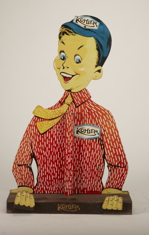 Kohler Metal Cut-out Display: Die Cut Male character. Lithography on metal. Signed Danres Couronne.; 21" x 13"